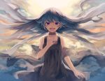  backlighting bare_shoulders black_dress blue_eyes blue_hair choker cloud dress floating_hair hair_down hand_on_own_chest hatsune_miku long_hair open_mouth shawl singing skoooon sky solo sunlight vocaloid wind 