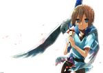  animal bird blue_eyes brown_hair ot-nm petals short_hair sword weapon white wings 