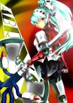  android aqua_hair battle_axe blue_hair headphones highres labrys long_hair pantyhose persona persona_4 persona_4:_the_ultimate_in_mayonaka_arena pleated_skirt ponytail red_eyes robot_joints school_uniform skirt solo very_long_hair weapon 