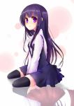  aosane black_legwear blush dress highres inu_x_boku_ss long_hair purple_eyes purple_hair school_uniform shirakiin_ririchiyo sitting solo thigh-highs thighhighs violet_eyes zettai_ryouiki 