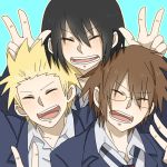  black_hair blonde_hair brown_hair closed_eyes danshi_koukousei_no_nichijou eyes_closed glasses happy multiple_boys necktie school_uniform shibauta short_hair smile tabata_hidenori tadakuni tanaka_yoshitake v 