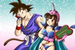  1girl armor bikini_armor black_hair breasts cape chichi collarbone dougi dragon_ball gloves helmet long_hair masa_(p-piyo) mound_of_venus muscle pauldrons pole rope son_gokuu spiked_hair spiky_hair tail war_fan wristband 