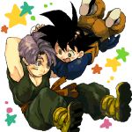  2boys :d arms_up black_hair blush_stickers boots dougi dragon_ball dragonball_z expressionless floating full_body grey_eyes hair_over_one_eye happy long_sleeves looking_at_another lowres male_focus multiple_boys nitako open_mouth purple_hair shaded_face short_hair simple_background sleeveless smile son_goten spiky_hair star trunks_(dragon_ball) violet_eyes white_background wide-eyed 