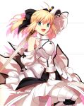  :d absurdres armor armored_dress bare_shoulders blonde_hair caliburn dress fate/stay_night fate/unlimited_codes fate/zero fate_(series) gauntlets green_eyes hair_ribbon highres higurashi_ryuuji leg_lift long_hair official_art open_mouth ribbon saber saber_lily smile solo sword thigh-highs thighhighs type-moon weapon white white_legwear 