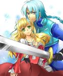  1girl armor blonde_hair blue_eyes blue_hair claire_bennett couple dress gloves green_eyes ichineko. long_hair red_dress serious sword tales_of_(series) tales_of_rebirth veigue_lungberg weapon 