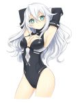  angry aqua_eyes armpits arms_up black_heart blush breasts choujigen_game_neptune cleavage cleavage_cutout embarrassed frown highres leotard noire posing puchiman simple_background solo symbol-shaped_pupils white_hair 
