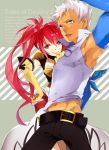  1girl arm_up armpits belt couple dark_skin gloves grey_background grey_eyes long_hair loni_dunamis nanaly_fletch pants red_eyes red_hair redhead shihage shirt side_ponytail smile tales_of_(series) tales_of_destiny_2 title_drop white_hair 