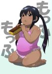  :t barefoot black_hair brown_eyes child dark_skin eating fat food food_on_face frills highres holding k-on! kneeling nakano_azusa one-piece_swimsuit seiza sitting solo swimsuit tan twintails wide_hips yosida_komati 