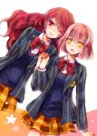  blush dutch_angle highres long_hair multiple_girls nanami_haruka pink_hair plaid plaid_skirt red_eyes red_hair redhead rishi_(kurou) school_uniform shibuya_tomochika short_hair skirt uta_no_prince-sama wink yellow_eyes yuri 