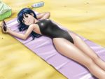  armpits bad_id bag beach black_eyes black_hair bottle colored highleg highleg_swimsuit holding long_hair lying on_back one-piece_swimsuit original saver_(artbysaver) solo swimsuit water_bottle 