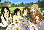  absurdres akiyama_mio black_eyes black_hair blonde_hair blush brown_eyes brown_hair casual closed_eyes cloud drink eyes_closed food hair_ornament hairband hairclip highres hirasawa_yui k-on! k-on!_movie kotobuki_tsumugi maruki_nobuaki multiple_girls nakano_azusa official_art pantyhose sky tainaka_ritsu tray 