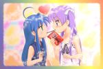  ahoge blue_hair blush border brand_name_imitation chunpai eye_contact flat_chest green_eyes heart hiiragi_kagami izumi_konata long_hair looking_at_another lucky_star multiple_girls pocky pocky_kiss purple_eyes purple_hair shared_food violet_eyes yuri 