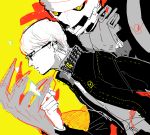  belt clenched_hand dual_persona glasses hira izanagi jacket looking_away loose_shirt monochrome multiple_boys narukami_yuu persona persona_4 profile school_uniform serious short_hair white_hair yellow_eyes 