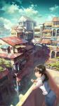  arm_support balcony brown_hair cellphone chong_feigiap cityscape cloud from_above highres iphone long_hair looking_up original phone ponytail power_lines purple_eyes radio_antenna school_uniform sky solo standing town tree violet_eyes 