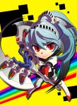  android aqua_hair armor axe bad_id battle_axe blue_hair chibi cyborg headphones labrys lips long_hair looking_at_viewer persona persona_4 persona_4:_the_ultimate_in_mayonaka_arena pleated_skirt ponytail rainbow red_eyes ringed_eyes robot_joints school_uniform serafuku simple_background skirt smile solo very_long_hair weapon yellow_background 