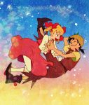  90s blonde_hair bloomers blue_eyes boots gradient gradient_background hair_ribbon hand_holding hand_on_hat hat holding_hands nonanemon oldschool open_mouth peter_pan_(character) peter_pan_no_bouken ribbon short_twintails skirt skirt_lift sky smile star_(sky) starry_sky twintails wendy_darling wink 