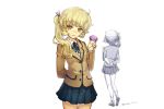  arm_behind_back black_rock_shooter blazer blonde_hair blood hjl izuriha_kagari knife light_smile long_hair macaron monochrome pleated_skirt ribbon school_uniform side_ponytail simple_background skirt smile solo thigh_gap thighs yandere yellow_eyes 