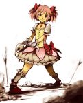  arrow bow dress frills gloves hair_bow highres holding kaname_madoka kyubey mahou_shoujo_madoka_magica pink_eyes pink_hair short_twintails smile soul_gem tail twintails zuro 