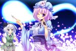  ;o blue_eyes dango food gokireddo hairband hat hitodama instrument japanese_clothes konpaku_youmu microphone multiple_girls obi pink_hair purple_eyes saigyouji_yuyuko short_hair silver_hair skirt skirt_set tambourine touhou triangular_headpiece vest violet_eyes wagashi wink 