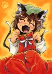  1girl ^_^ animal_ears blush brown_hair cat_ears cat_tail chen closed_eyes fingernails happy harusame_(unmei_no_ikasumi) hat jewelry long_fingernails multiple_tails nail_polish open_mouth short_hair single_earring smile solo tail tongue touhou 