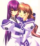  artist_request brown_eyes brown_hair character_request female hand_on_another's_face hand_on_face hand_on_own_face highres jinguuji_marimo kouzuki_yuuko multiple_girls muvluv naughty_face purple_hair red_eyes school_uniform shy yuri 