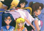  5girls 90s absurdres aino_minako artist_request barefoot bishoujo_senshi_sailor_moon chiba_mamoru choker earrings elbow_gloves feet full_moon gloves half_updo hat highres hino_rei inner_senshi jewelry kino_makoto lying mask mizuno_ami moon multiple_girls official_art on_back sailor_collar sailor_jupiter sailor_mars sailor_mercury sailor_moon sailor_venus scan serious sheets smile tadano_kazuko tiara top_hat tsukino_usagi tuxedo_kamen tuxedo_mask twintails 