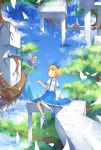  alice_margatroid alice_margatroid_(pc-98) blonde_hair blue_sky bow castle cloud fantasy fish fred04142 hair_bow hair_ribbon long_hair mountain pillar red_string ribbon shanghai_doll shirt short_hair sitting skirt sky solo string suspenders touhou touhou_(pc-98) tree wings yellow_eyes 