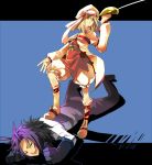  1girl :t alice_(tales_of_symphonia_kor) blonde_hair bloomers blue_background boots choker coat decus fur_trim gloves hat long_hair messy_hair purple_hair rapier shihage short_hair skirt smile standing_on_person sword tales_of_(series) tales_of_symphonia tales_of_symphonia_knight_of_ratatosk thumbs_up veil weapon 