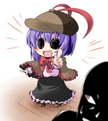 &gt;:) &gt;:d :d blush_stickers capelet chibi detective_conan hat ichimi long_skirt nagae_iku open_mouth parody pointing purple_hair short_hair skirt smile solid_circle_eyes solo touhou