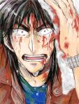  1boy black_hair blood close-up cloth face hands itou_kaiji kaiji male official_style open_mouth solo tears tegaki 