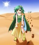  cape desert final_fantasy final_fantasy_iv footprints green_eyes green_hair leotard long_hair rydia saba_kan sky sun sweat 