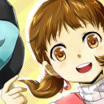  :d abemiha12 brown_eyes brown_hair cap doujima_nanako hat holding holding_hat looking_at_viewer lowres open_mouth persona persona_4 portrait smile solo twintails 