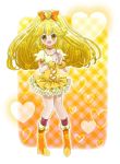  :d blonde_hair boots bow choker cokata color_connection cosplay cure_peace cure_pine cure_pine_(cosplay) dress fresh_precure! frills hair_bow heart heart_background heart_hands kise_yayoi long_hair magical_girl open_mouth precure skirt smile smile_precure! solo wrist_cuffs yellow yellow_background yellow_dress yellow_eyes 
