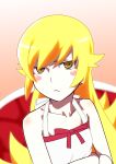  1girl :&lt; absurdres bakemonogatari blonde_hair blush_stickers highres kawaseha long_hair monogatari_(series) nisemonogatari oshino_shinobu simple_background solo yellow_eyes 