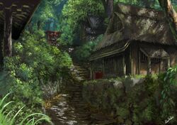  east_asian_architecture forest house matsura_ichirou nature no_humans original outdoors scenery shrine signature stairs torii tree village 