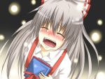  blush closed_eyes crying eyes_closed flask_(artist) flask_(pandora) foreshortening from_above fujiwara_no_mokou grey_hair hat highres light_particles long_hair open_mouth solo tears touhou truth 