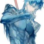  blue blue_hair earrings fate/stay_night fate_(series) jewelry lancer long_hair male red_eyes sanbonzakura solo wet wiping_face 