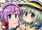  blush_stickers cheek_squash close-up eyeball face green_eyes green_hair grin hairband hat heart heart-shaped_pupils komeiji_koishi komeiji_satori masara multiple_girls purple_eyes purple_hair siblings sisters smile symbol-shaped_pupils third_eye touhou v violet_eyes 