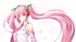  bare_shoulders bust cherry detached_sleeves food fruit hatsune_miku headset highres long_hair necktie pink_eyes pink_hair sakura_miku smile solo twintails very_long_hair vocaloid wacchi wallpaper 