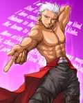  1boy abs archer armpits dark_skin fate/stay_night fate_(series) jacket_around_waist male muscle pectorals pointing pointing_at_viewer red_eyes short_hair solo topless white_hair 