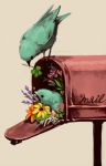  bird clover copyright_request efu_(eeeeeat) flower mailbox no_humans simple_background 