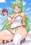  between_breasts breasts brown_hair cleavage closed_eyes cloud eyes_closed goddess green_eyes green_hair kid_icarus kihaiu large_breasts palutena pit pit_(kid_icarus) single_thighhigh sky thigh-highs thighhighs 