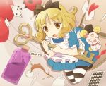  :o alice_in_wonderland balloon blonde_hair bottle candy_(smile_precure!) card creature cup dress frills hairband hat heart kettle key kise_yayoi morii_(lucky_tune) pantyhose playing_card precure sepia_background short_hair smile_precure! striped striped_legwear tea teacup top_hat yellow_eyes 