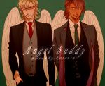  angel_wings barnaby_brooks_jr blonde_hair brown_eyes brown_hair facial_hair formal glasses green_eyes kaburagi_t_kotetsu konoyasoul multiple_boys necktie stubble suit tiger_&amp;_bunny vest waistcoat wings 