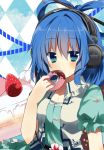  audio-technica blue_eyes blue_hair blush cake doughnut emyu food fruit fujishiro_emyu headphones kaku_seiga solo strawberry touhou 