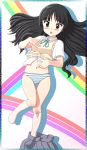  akiyama_mio blush border chunpai highres k-on! long_hair open_mouth panties school_uniform solo striped striped_panties underwear 