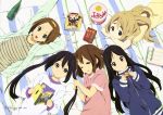  absurdres akiyama_mio black_eyes black_hair blonde_hair blue_eyes book brown_eyes brown_hair food hair_grab hairband highres hirasawa_yui horiguchi_yukiko k-on! k-on!_movie kotobuki_tsumugi lying multiple_girls nakano_azusa official_art on_back pajamas tainaka_ritsu track_jacket twintails wink 