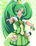  bowtie brooch choker circlet cure_march dress green green_background green_dress green_eyes green_hair hand_on_hip hips jewelry long_hair magical_girl masako_(sabotage-mode) midorikawa_nao pointing ponytail precure skirt smile smile_precure! solo star starry_background tri_tails wrist_cuffs 