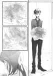  1girl bouquet comic detective_conan flower formal kudou_shin&#039;ichi kudou_shin'ichi long_hair meitantei_conan monochrome mouri_ran sakamoto_bin short_hair suit translation_request 