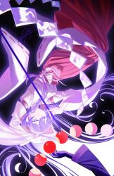  1girl alice_margatroid apple bad_apple!! bite_mark black_background bow detached_sleeves dress elly_(touhou) english_commentary food fruit gohei hair_tubes hakama hakurei_reimu hakurei_reimu_(pc-98) highres hinanawi_tenshi holding holding_gohei ibuki_suika japanese_clothes kazami_yuuka kimono light_frown light_particles long_hair long_sleeves moon_phases nontraditional_miko partyu patchouli_knowledge pleated_dress purple_hair red_dress red_hakama ribbon shameimaru_aya silhouette solo touhou touhou_(pc-98) upside-down violet_eyes white_bow white_kimono white_ribbon 